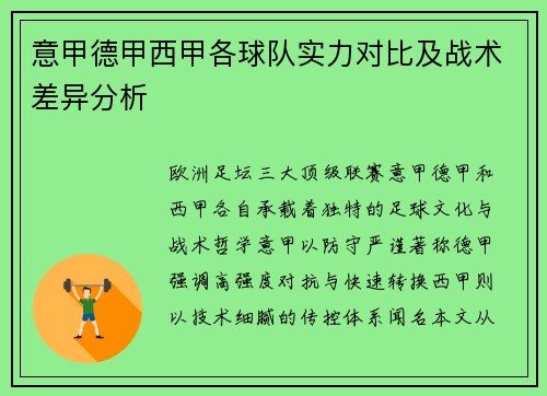 意甲德甲西甲各球队实力对比及战术差异分析