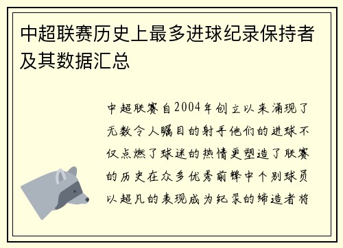 中超联赛历史上最多进球纪录保持者及其数据汇总