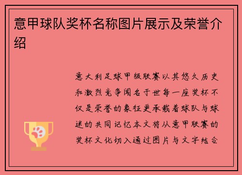 意甲球队奖杯名称图片展示及荣誉介绍